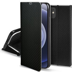 Moozy Klapiga Ümbris iPhone 12 mini Süsiniku Kujundusega, Must - Metallist Servakaitsega Magnetilise Ümbris koos Kaardi- ja Telefonihoidjaga hind ja info | Telefoni kaaned, ümbrised | kaup24.ee