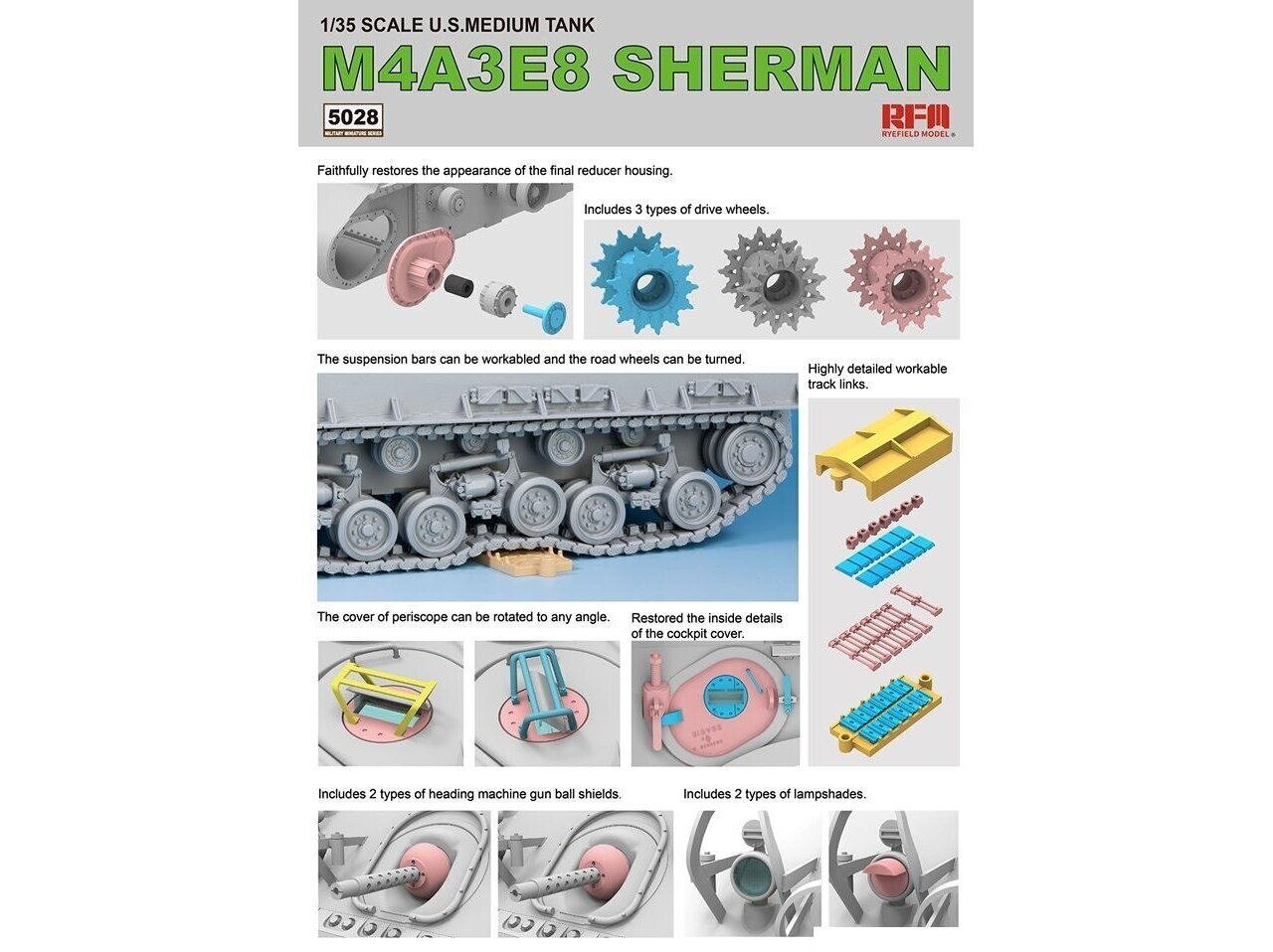 Rye Field Model - M4A3E8 Sherman w/Workable Track Links, 1/35, RFM-5028 цена и информация | Klotsid ja konstruktorid | kaup24.ee