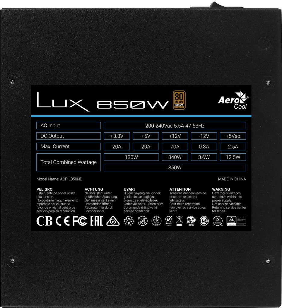 Aerocool Aerolux-850-80BRONZE hind ja info | Toiteplokid (PSU) | kaup24.ee