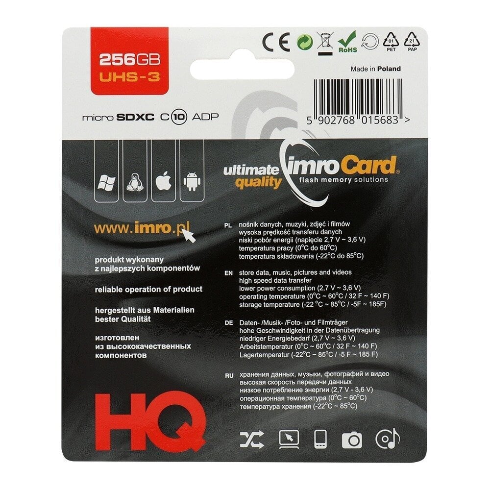 Mälukaart Imro microSD 256GB with adapter / Class 10 UHS 3 цена и информация | Mobiiltelefonide mälukaardid | kaup24.ee