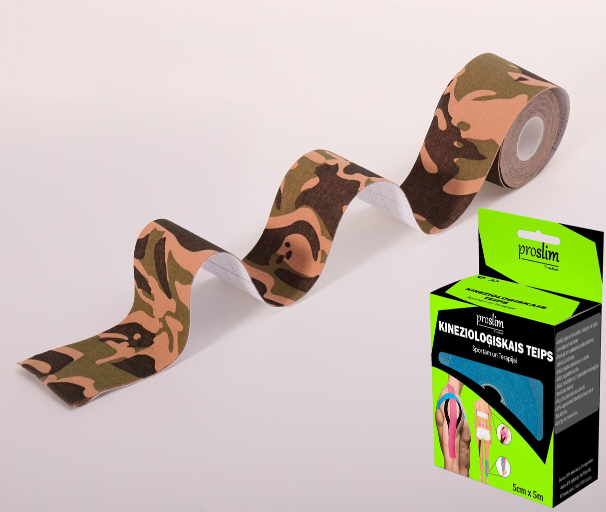 Kinesioloogiline teip ProSlim/T-active 5cm x 5m - roheline camo hind ja info | Liigesetoed ja -kaitsmed | kaup24.ee