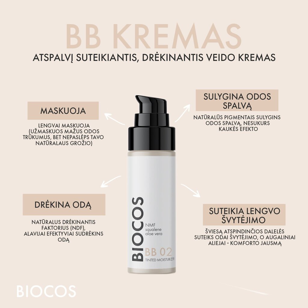 Tooniv BB02 niisutav näokreem BIOCOS, keskmine toon neutraalsele nahale, 30 ml цена и информация | Näokreemid | kaup24.ee