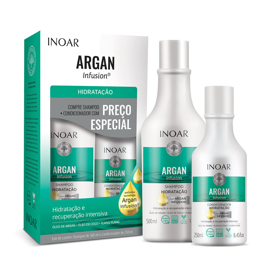 Juuste niisutav komplekt INOAR Argan Infusion Hydrating Duo Kit: šampoon 500 ml + palsam 250 ml цена и информация | Šampoonid | kaup24.ee