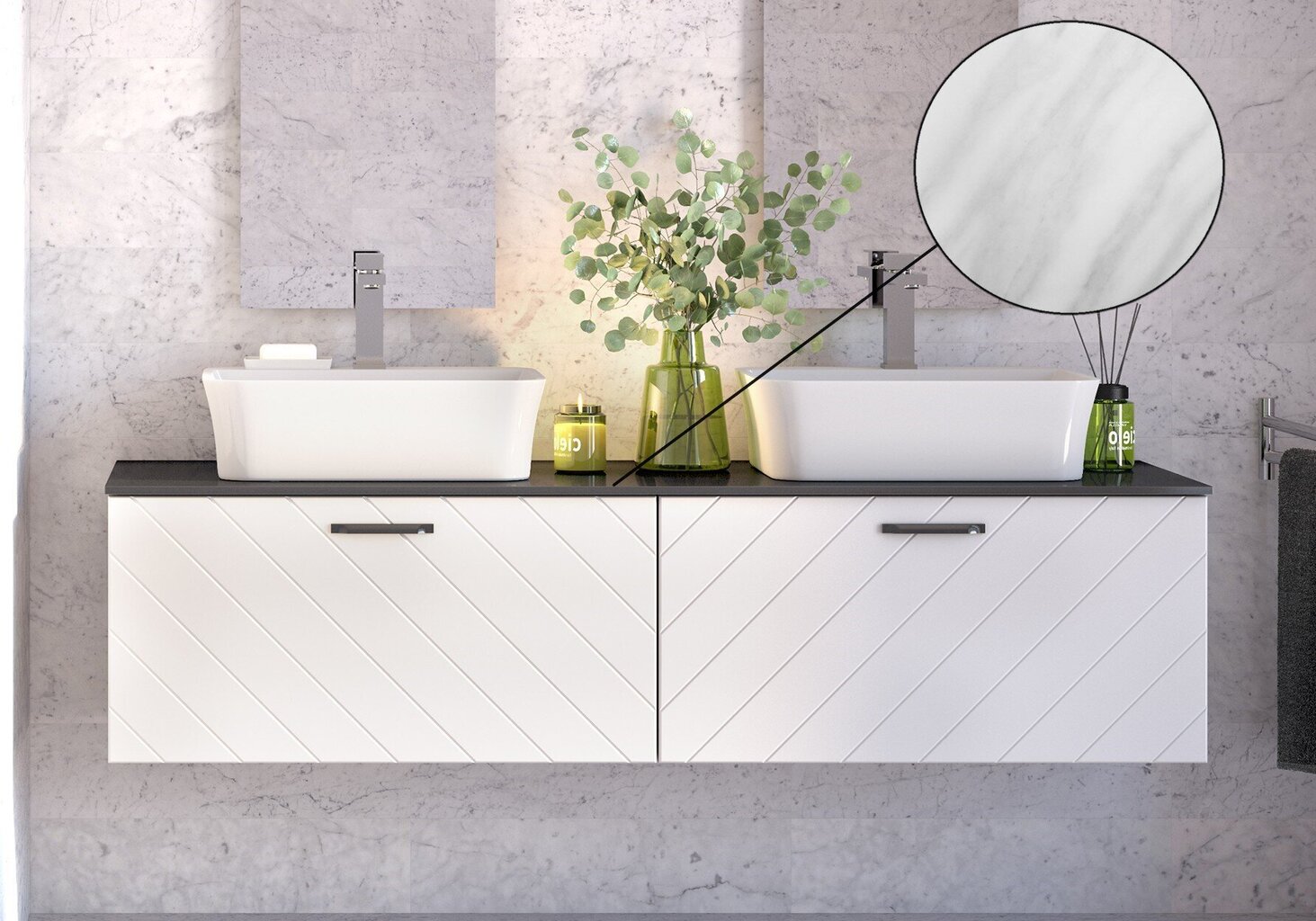 Vannitoakapp Besco Floo 160 koos Slim marble tööpinnaga, valge/must hind ja info | Vannitoakapid | kaup24.ee