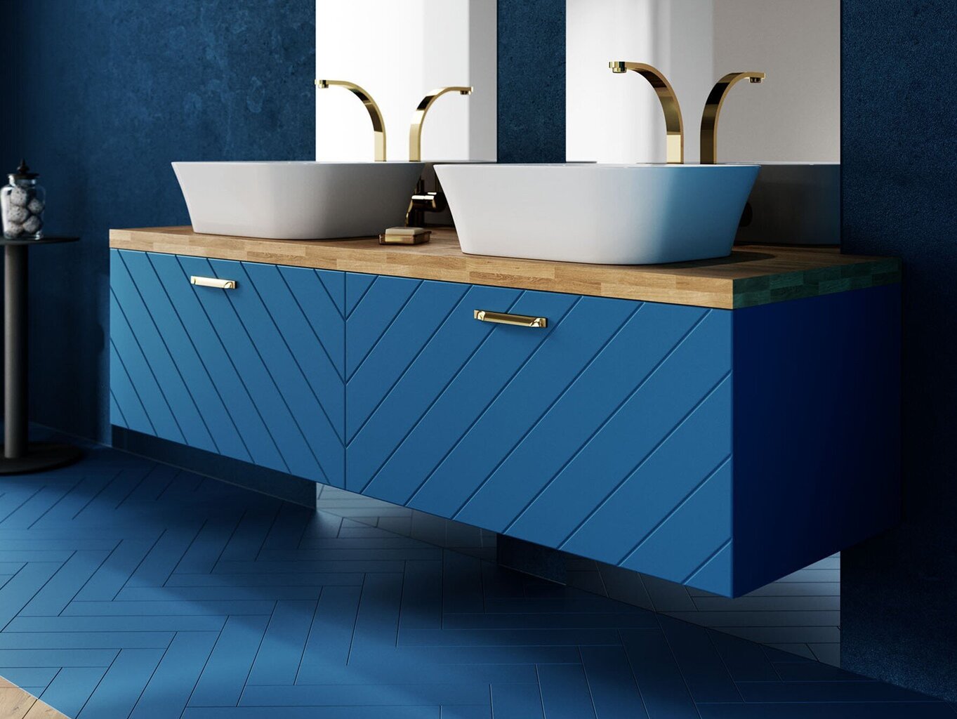 Kahekohaline vannitoakapp Besco Floo 120 koos Oak tööpinnaga, sinine/kuldne hind ja info | Vannitoakapid | kaup24.ee