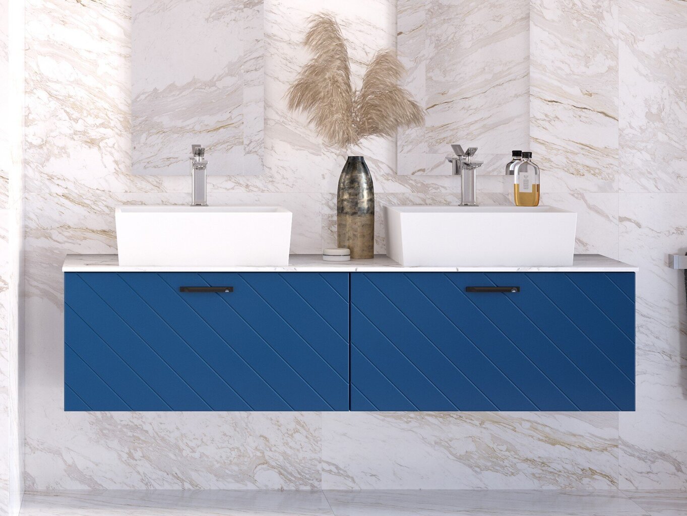 Vannitoakapp Besco Floo 120 koos Slim marble tööpinnaga, sinine/must цена и информация | Vannitoakapid | kaup24.ee
