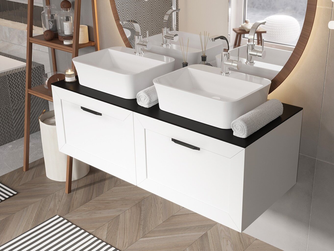 Kahekohaline vannitoakapp Besco Dexa 160 koos Slim black tööpinna ja mustade käepidemetega hind ja info | Vannitoakapid | kaup24.ee