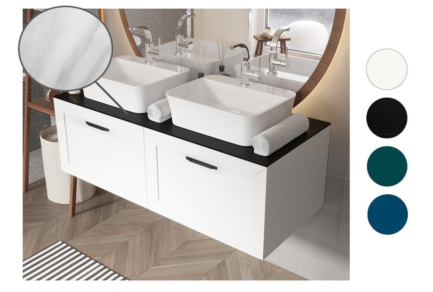 Kahekohaline vannitoakapp Besco Dexa 160 koos Slim marble tööpinnaga ja mustade käepidemetega, valge hind ja info | Vannitoakapid | kaup24.ee