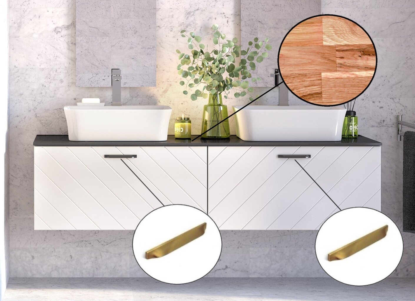Kahekohaline vannitoakapp Besco Floo 120 koos Oak tööpinnaga, valge/kuldne hind ja info | Vannitoakapid | kaup24.ee