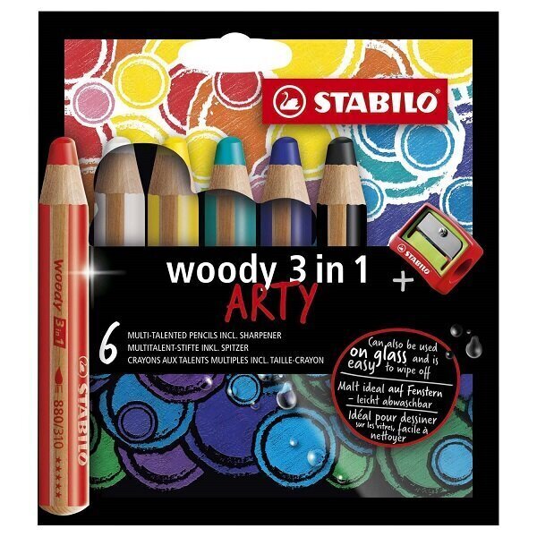 Värvilised pliiatsid STABILO WOODY 3 in 1 | 6 värvi + pliiatsiteritaja ARTY цена и информация | Kunstitarbed, voolimise tarvikud | kaup24.ee