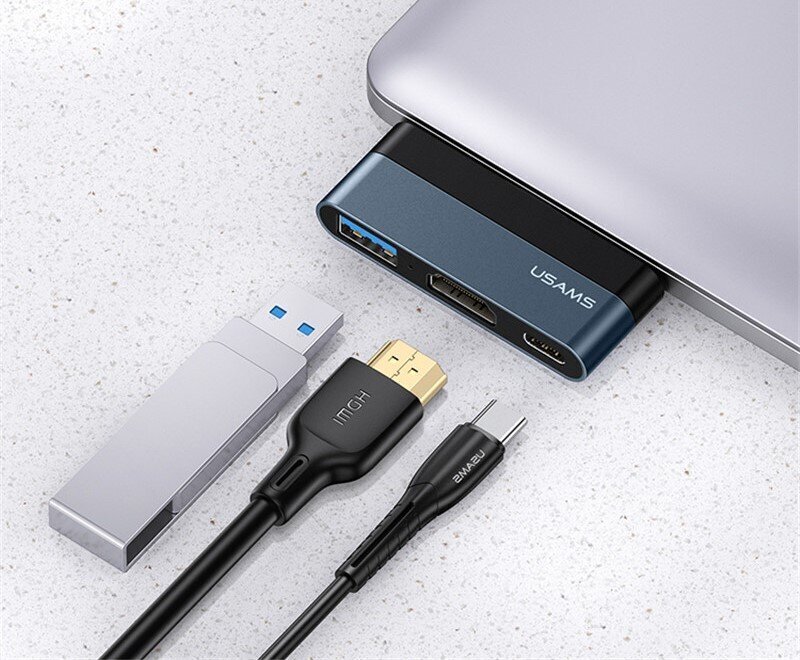 USAMS SJ492 USB-C jaotur 1xUSB, 1xUSB-C, 1xHDMI, must hind ja info | USB jagajad, adapterid | kaup24.ee