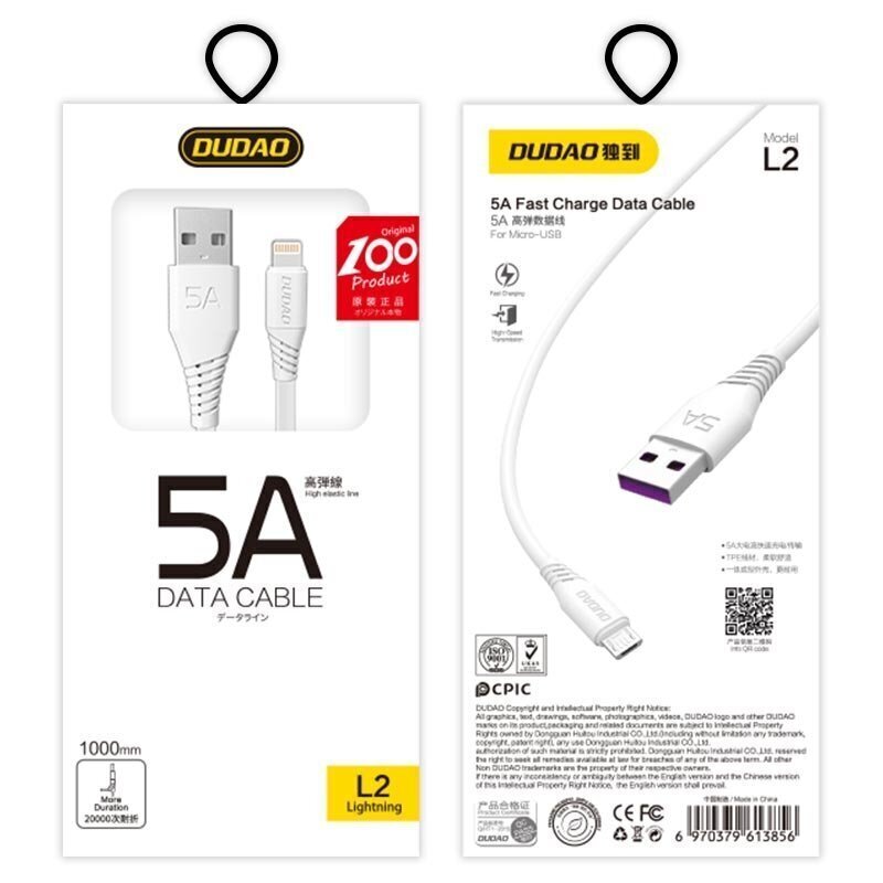 Dudao USB / mikro -USB kiirlaadimisandmete kaabel 5A 1m, L2M, valge hind ja info | Mobiiltelefonide kaablid | kaup24.ee