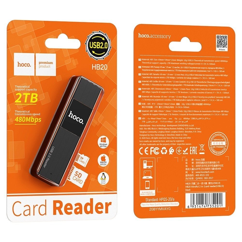 Hoco HB20 USB 2.0 2in1 Memory Card Reader цена и информация | USB jagajad, adapterid | kaup24.ee