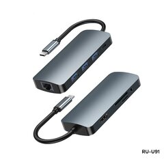 Разветвитель USB Type-C Remax RU-U91 9in1 USB3.0x3, HDMI, Type C, SD, MicroSD, RJ45, Aux цена и информация | Адаптеры и USB-hub | kaup24.ee
