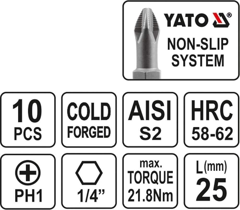Kruvikeeraja otsikute komplekt Yato PH1x25mm 1/4", 10tk hind ja info | Käsitööriistad | kaup24.ee