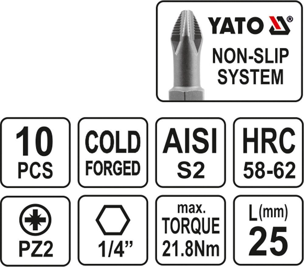 Otsikute komplekt Yato PZ2x25mm 1/4", 10tk hind ja info | Käsitööriistad | kaup24.ee