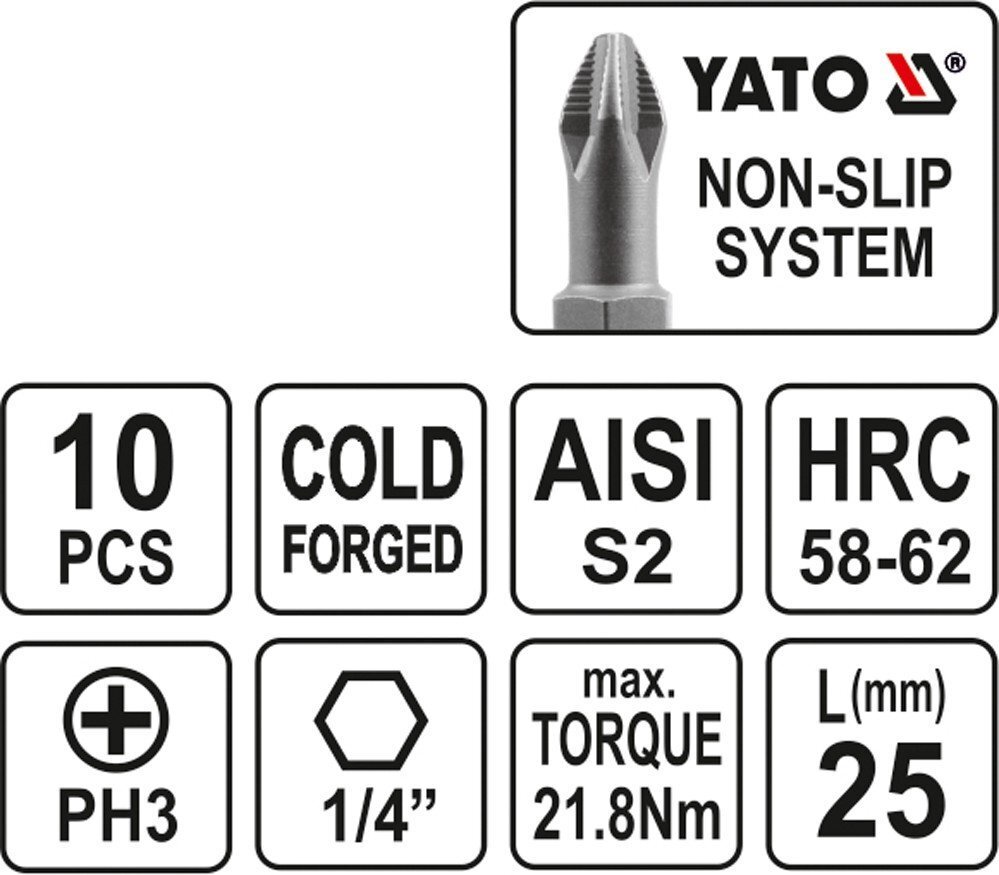 Otsikute komplekt Yato PH3x25mm 1/4", 10 tk hind ja info | Käsitööriistad | kaup24.ee