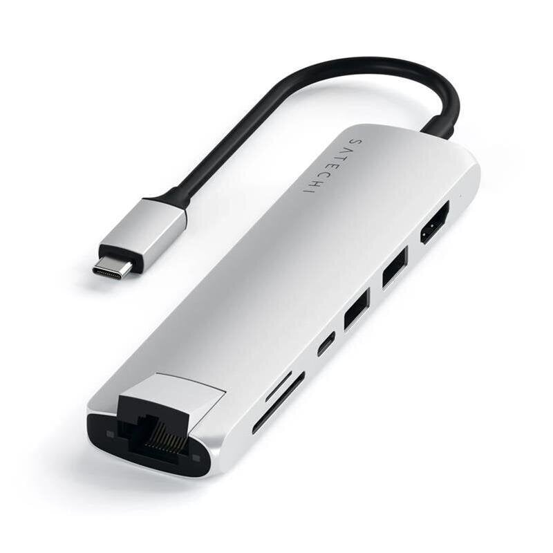 Satechi Slim USB-C MultiPort Ethernet - HDMI pordid, USB 3.0 ja kaardilugeja, hõbedane hind ja info | USB jagajad, adapterid | kaup24.ee