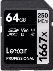  Карта памяти Lexar SDXC, 64ГБ, Pro 1667x U3 V60, 250МБ/с цена и информация | Карты памяти для фотоаппаратов, камер | kaup24.ee