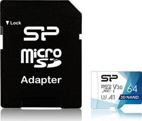 Карта памяти и адаптер Silicon Power microSDXC 64GB Superior Pro V30 цена и информация | Карты памяти для телефонов | kaup24.ee