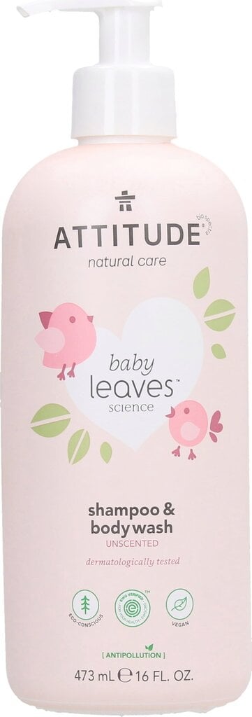 Attitude Baby Leaves 2in1 Shampoo & Body Wash Fragnance Free-Lõhnatu šampoon- kehapesugeel beebidele 473 ml цена и информация | Laste ja ema kosmeetika | kaup24.ee