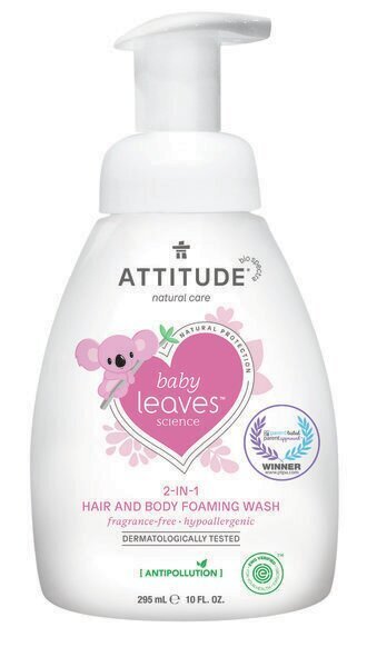 Attitude Baby Leaves 2in1 Hair & Body Foaming Wash Fragrance Free - Lõhnatu šampoon -kehapesugeel beebidele 295 ml hind ja info | Laste ja ema kosmeetika | kaup24.ee