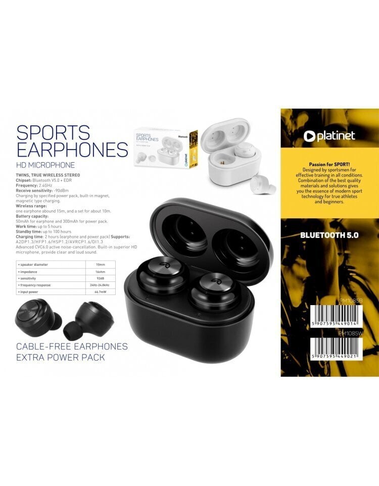 Platinet juhtmevabad kõrvaklapid spordi must, PM1085 hind ja info | Kõrvaklapid | kaup24.ee