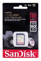 Карта памяти Sandisk 32GB Extreme SDHC UHS-I U3 V30 90/40 MB/s цена и информация | Карты памяти для фотоаппаратов, камер | kaup24.ee