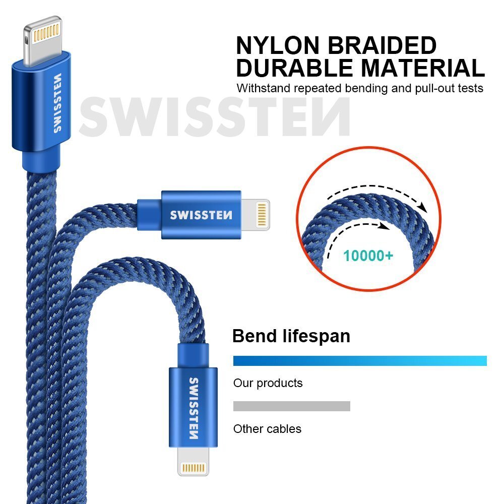 Swissten Textile Fast Charge 3A Lighthing (MD818ZM/A) Data and Charging Cable 2m Blue hind ja info | Kaablid ja juhtmed | kaup24.ee