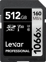 Карта памяти Lexar Professional 1066x SDXC UHS-I SDXC, 512 Гб, Silver, Class 10, U3, V30, 120 Mб цена и информация | Карты памяти для фотоаппаратов, камер | kaup24.ee