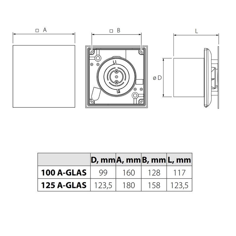 Väljalaskeventilaator Vlano A-GLAS BK musta klaaspaneeliga цена и информация | Vannitoa ventilaatorid | kaup24.ee