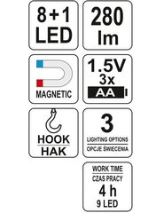 Töökoja lamp 8 + 1 LED magnetiga YT-08513 YATO цена и информация | Фонарики, прожекторы | kaup24.ee