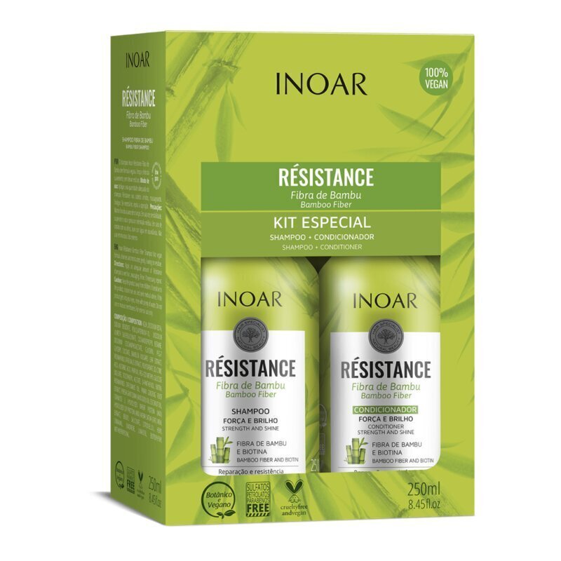 Juukseid tugevdav komplekt INOAR Resistance Fibra de Bambu Duo Kit: šampoon 250 ml + juuksepalsam 250 ml цена и информация | Šampoonid | kaup24.ee