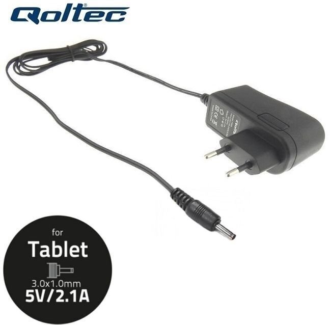 Universaalne tahvelarvuti reisilaadija 1,4m kaabliga, Qoltec 50031 2,1A 5V 10,5W 3,0x1,0mm цена и информация | Sülearvutite laadijad | kaup24.ee