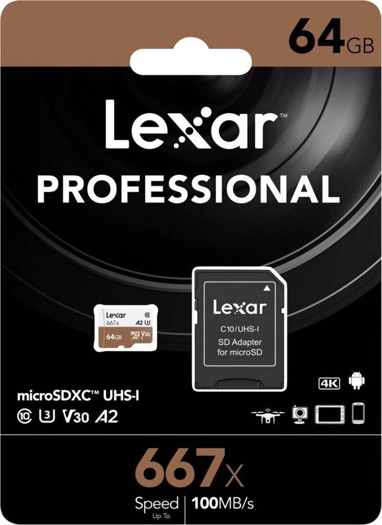 Lexar mälukaart microSDXC 64GB Pro 667X U3 V30 + adapter hind ja info | Mobiiltelefonide mälukaardid | kaup24.ee