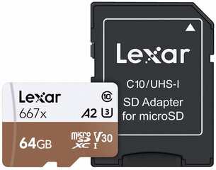 Lexar mälukaart microSDXC 64GB Pro 667X U3 V30 + adapter hind ja info | Lexar Mobiiltelefonid, foto-, videokaamerad | kaup24.ee