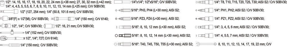 Tööriistakomplekt 1/4 , 1/2 (82 tk) YT-12691 YATO hind ja info | Käsitööriistad | kaup24.ee