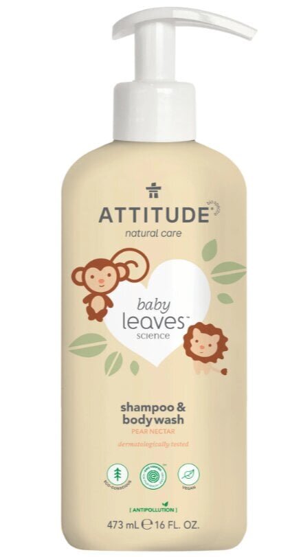 Attitude Baby Leaves 2in1 Shampoo & Body Wash Pear Nectar - Pirnilõhnaline kaks-ühes šampoon ja kehapesugeel beebidele 473 ml hind ja info | Laste ja ema kosmeetika | kaup24.ee