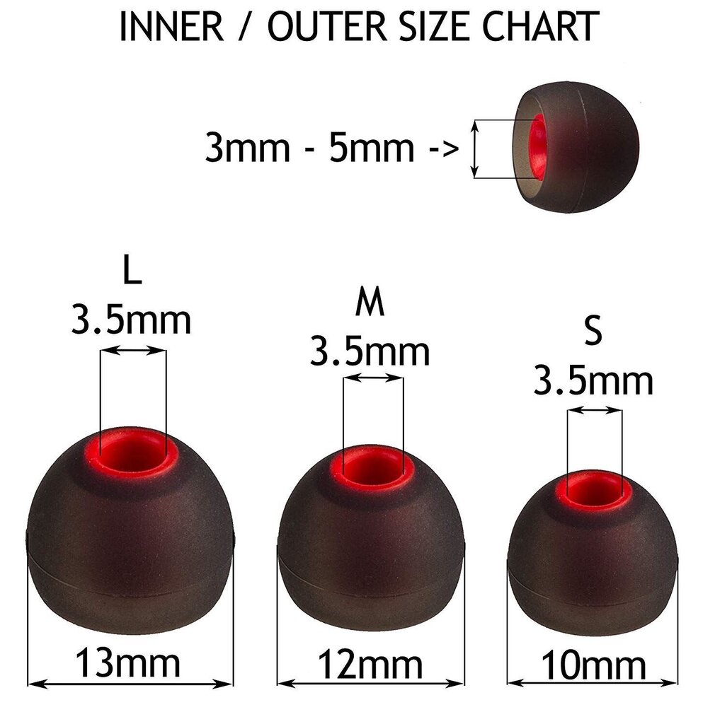Silikoonist asenduskõrvaotsad Xcessor. 12 tk. Suurus: mitu suurust, must / punane hind ja info | Kõrvaklappide tarvikud | kaup24.ee