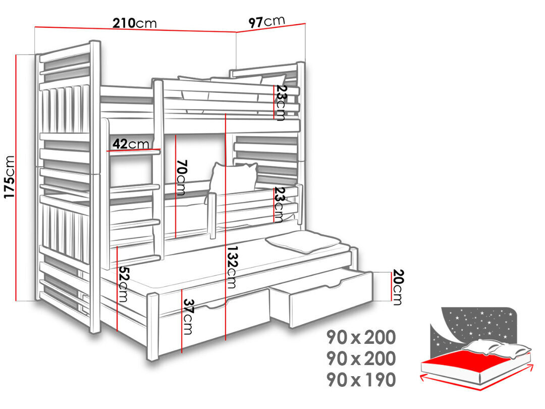 3-kohaline narivoodi Hipolit 90x200 cm hind ja info | Lastevoodid | kaup24.ee