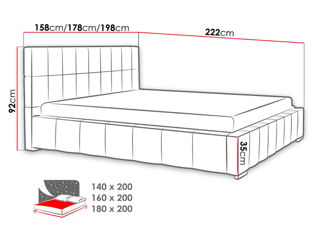 Voodi Leo 180x200 cm ülestõstetava voodipõhjaga, hall hind ja info | Voodid | kaup24.ee