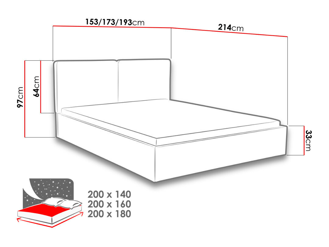Voodi Szymek 180x200 cm ülestõstetava voodipõhjaga, hall/muster hind ja info | Voodid | kaup24.ee
