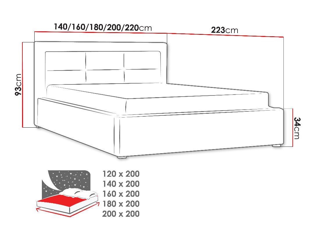 Voodi Clasic 200x200 cm ülestõstetava voodipõhjaga, must цена и информация | Voodid | kaup24.ee