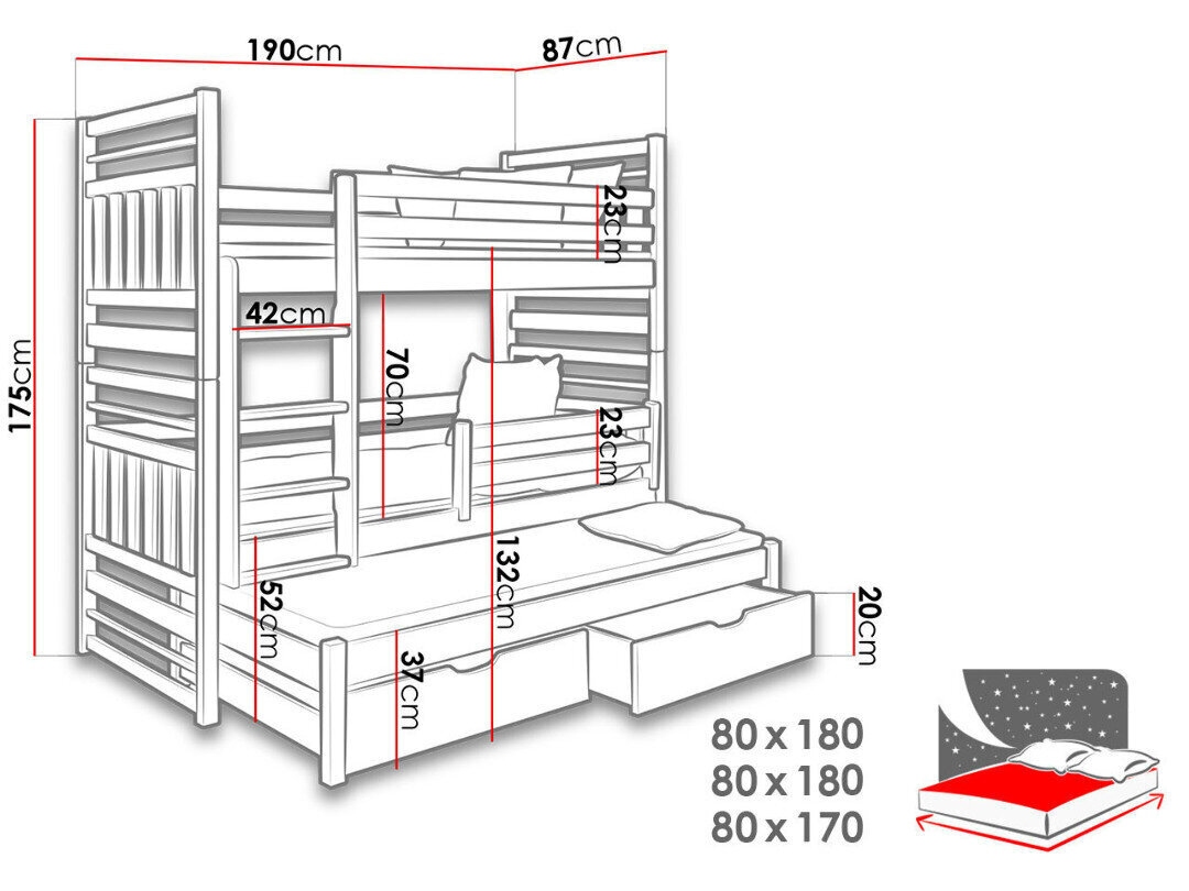 3-kohaline narivoodi Hipolit 80x180 cm hind ja info | Lastevoodid | kaup24.ee