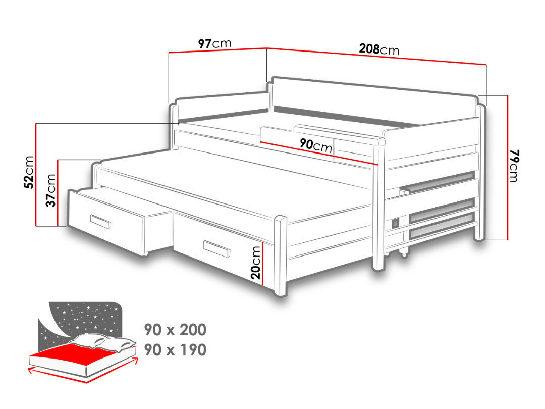 Voodi Dois 90x200 cm hind ja info | Lastevoodid | kaup24.ee