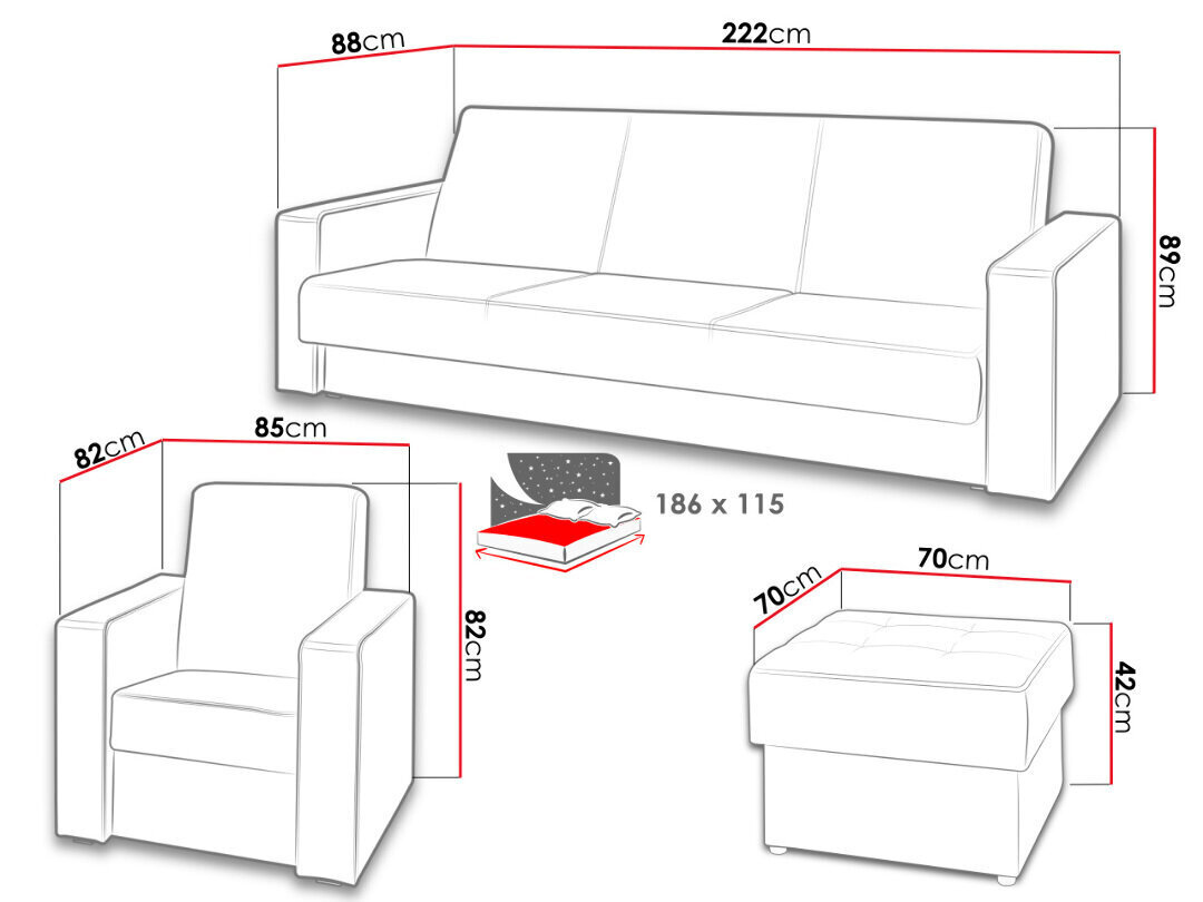 Komplekt Gordia 3+1+1 ja tumba цена и информация | Pehme mööbli komplektid  | kaup24.ee