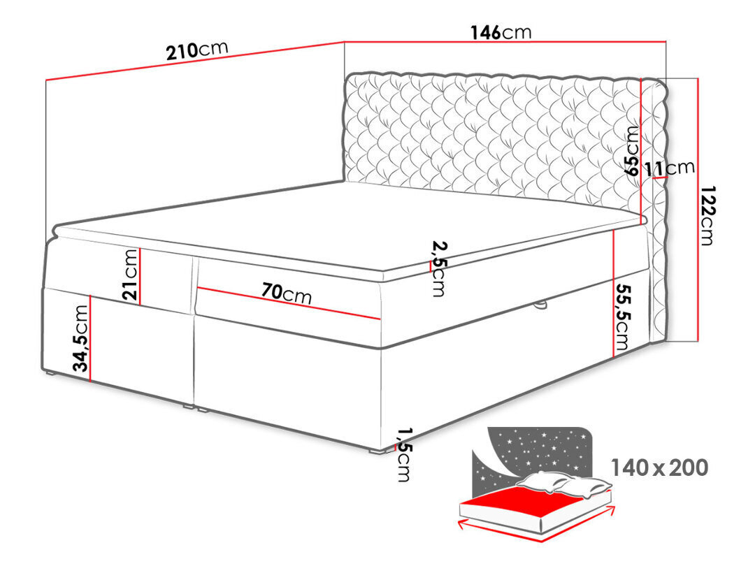 Kontinentaalvoodi CHESTERFIELD 140x200 + kattemadrats цена и информация | Voodid | kaup24.ee