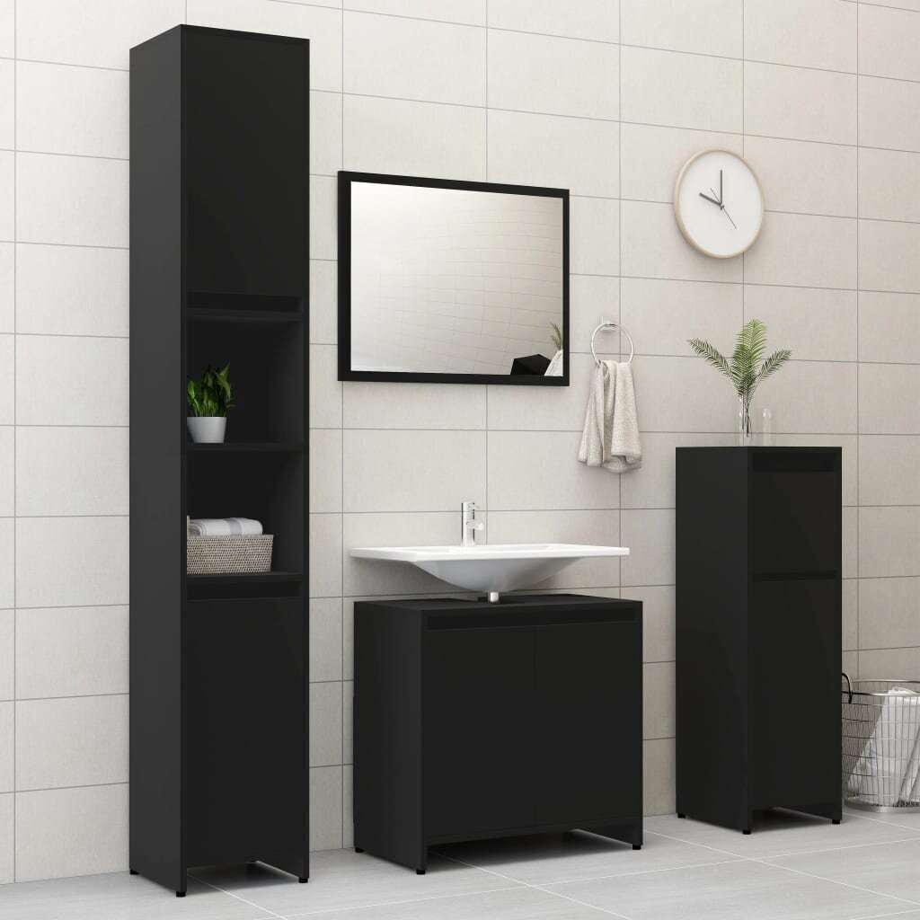 vidaXL 3-osaline vannitoamööbli komplekt, must, puitlaastplaat цена и информация | Vannitoa komplektid | kaup24.ee