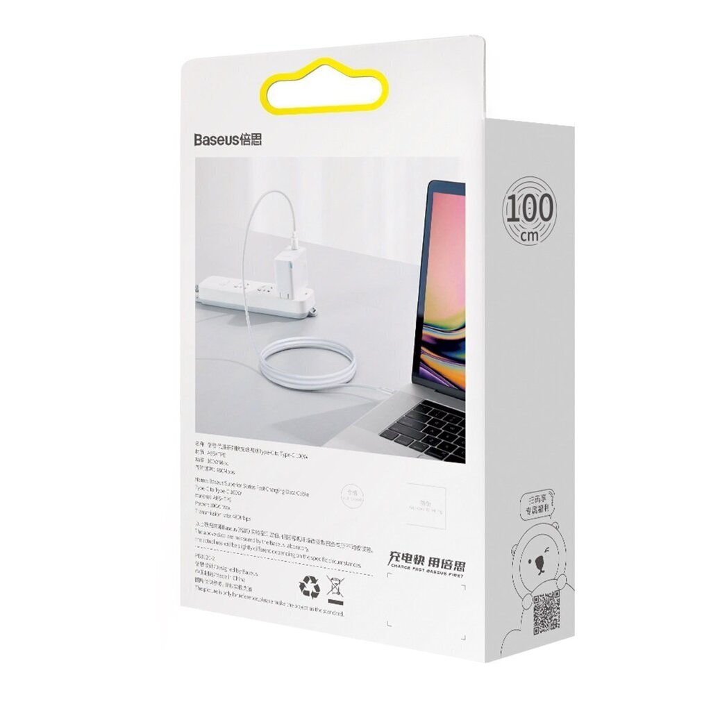 Baseus Superior Series Cable USB-C to USB-C, 100W, 1m (white) hind ja info | Mobiiltelefonide kaablid | kaup24.ee