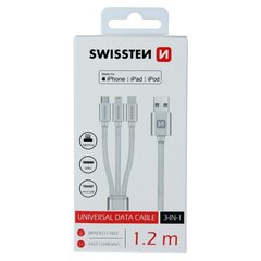 3in1 USB-C / Lightning / MircoUSB kaabel 1.2m Swissten Textile - hõbedane цена и информация | Кабели и провода | kaup24.ee